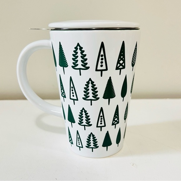David’s Tea Other - David’s Tea White and Green Tree Pattern Mug with Lid and Tea Infuser